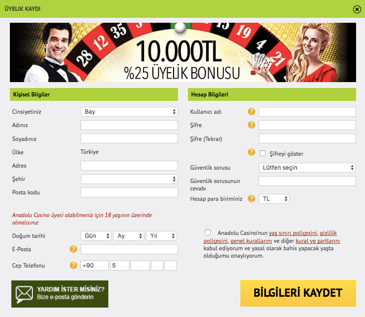 anadolu casino üyelik formu