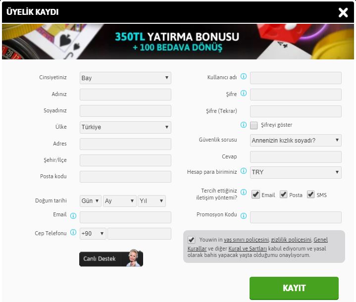 Youwin Casino Üyelik